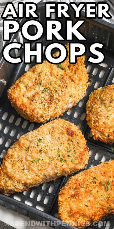 These air fryer breaded pork chops are a quick and easy main dish that everyone will love! Boneless pork chops are cooked to juicy perfection. #spendwithpennies #airfryerbreadedporkchops #maindish #porkchops #crispypork #airfryerporkrecipes #breadedpork #easycleanup #ninjarecipes #airfryermaindishes Air Fryer Breaded Pork Chops, Fried Boneless Pork Chops, Air Fry Pork Chops, Eat Time, Air Fryer Recipes Pork, Perfect Pork Chops, Boneless Pork Chop Recipes, Air Fryer Pork, Breaded Pork Chops