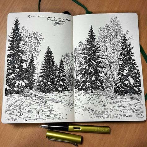 Evergreen Tree Art, Winter Tree Drawing, Stylo Art, Pine Tree Tattoo, Sketchbook Illustration, Nature Drawing, Tree Illustration, Evergreen Trees, Landscape Drawings