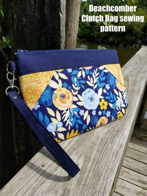 Beachcomber Clutch Bag sewing pattern. The Beachcomber Clutch is a beautifully shaped clutch for date night or for the perfect gift! It features an interior zipper pocket and a wristlet strap and looks fabulous in your favorite feature fabrics. It’s even fat quarter friendly! An easy clutch bag sewing pattern suitable for beginners. #SewModernBags #SewAClutch #ClutchSewingPattern #SewAZipperBag #ZipperBagSewingPattern #SewAWristlet #WristletSewingPattern Crossbody Purse Patterns, Clutch Bag Pattern, Wallet Sewing Pattern, Handbag Sewing Patterns, Snap Bag, Bag Sewing Pattern, Japanese Knot Bag, Pouch Sewing, Modern Bag