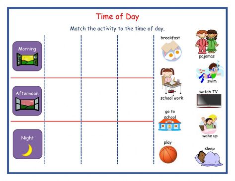 Times Of The Day Worksheet, Free Time Activities Worksheets, Daily Routine Worksheet, Telling Time Activities, Morning Moon, Free Time Activities, English Club, Sequencing Worksheets, Kindergarten Colors