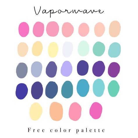 Free color palette based on vaporwave aesthetic Lofi Art Color Palette, Vaporwave Aesthetic Color Palette, Bright Color Interior Design Modern, Kawaii Color Palette Procreate, Procreate Color Palette Aesthetic, Pantone Color Palette Charts, Free Color Palettes, Vaporwave Palette, Vaporwave Color Palette