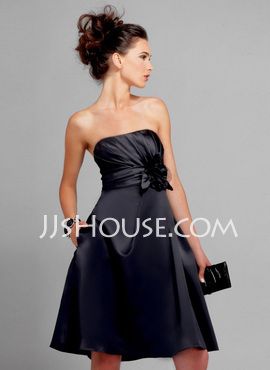 A-Line/Princess Strapless Knee-Length Satin Bridesmaid Dresses With Ruffle (007006365) Black Satin Bridesmaid Dress, Empire Bridesmaid Dresses, Knee Length Bridesmaid Dresses, Black Bridesmaid, Satin Bridesmaid Dress, Short Satin, Robes D'occasion, Magenta Dress, Designer Bridesmaid Dresses