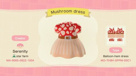 Mushroom Dress Animal Crossing, Acnh Mushroom Dress, Acnh Mushroom Design, Animal Crossing Mushroom, Acnh Mushroom, Mushroom Dress, Dress Creator, Acnh Patterns, Acnh Clothes