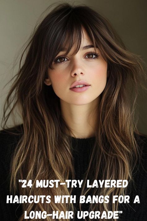 Upgrade your long hair with these must-try layered haircuts featuring bangs. This collection combines classic and contemporary trends to provide endless styling possibilities. Whether you're seeking a fresh, youthful vibe or a more refined, elegant look, these layered cuts with bangs have you covered. Long Hair With Bangs No Layers, Whisky Bangs And Layers, Long Hair With Bangs Sideswept, Curtain Bang With Layers, Bangs With Long Hair Layers, Long Wavy Haircuts With Bangs, Haircut For Long Hair With Bangs, Long Layered Cut With Bangs, Wispy Bangs With Long Hair