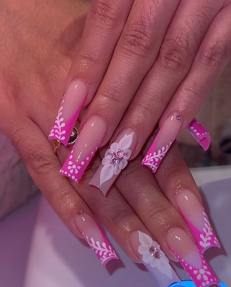 Pink Acrylic Nails Quinceanera, Y2k Nails Without Charms, Extra Af Nails, Medium Square Acrylic Nails Designs Pink, Latina Nail Designs Pink Short, Pink Nail Sets Medium, Hot Pink Flower Nails, Pink Mexican Nails, Medium Pink Nails