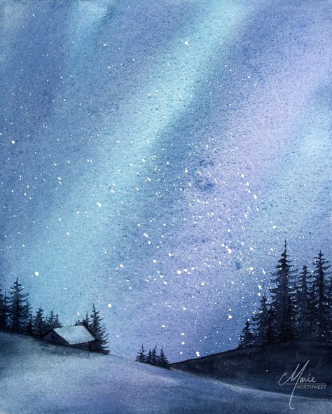 Starter Watercolor Ideas, Northern Lights Watercolor Painting, Northern Lights Christmas, Aurora Borealis Watercolor, Star Watercolor Painting, Watercolour Night Sky, Northern Lights Illustration, Watercolor Northern Lights, Winter Landscape Watercolor