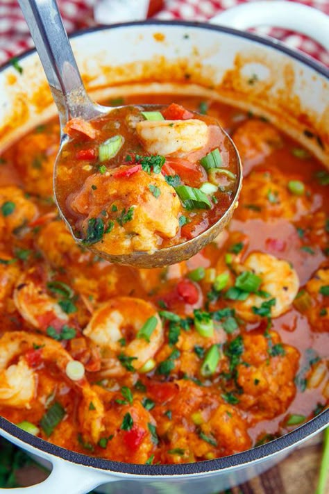 Shrimp Creole Soup with Bacon and Cheddar Dumplings/Delicious. Takes a little bit of time to make but well worth it. Will make again. Creole Soup, Cheddar Dumplings, Seafood Stew Recipes, Soup With Bacon, Closet Cooking, Shrimp Creole, Cornmeal Dumplings, Shrimp Soup, Cajun Dishes