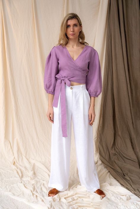 Pants Wedding Outfit, Wide Palazzo Pants, Candy Princess, Long Linen Pants, Lavender Outfit, Linen Wrap Top, City Wear, Purple Linen, Comfort Fashion