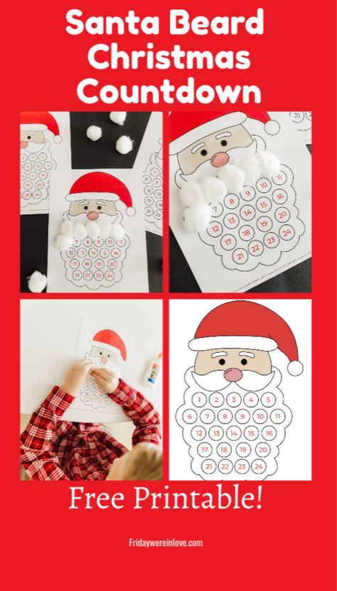 This Santa’s Beard Countdown printable is a fantastic way to count down to Christmas! Watch Santa’s beard grow each day as kids add pieces to it. Perfect for families, it pairs well with other holiday traditions like reading Christmas picture books. This Santa beard countdown free printable is fun for all ages. Santa Advent Calendar Printable, Homemade Christmas Countdown, Santa Countdown Beard, Free Printable Christmas Countdown, Santa Countdown Craft, Advent Calendar Printable Free, Santa Beard Countdown, Santas Beard Advent Calendar, Dayhome Ideas