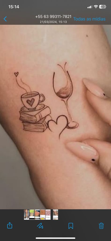 Book Wine Tattoo, Small Wine Tattoos, Wine Tattoo Ideas, Sisters Tattoos, Cute Sister Tattoos, Wine Glass Tattoo, Small Colorful Tattoos, Wine Tattoo, Book Tattoos