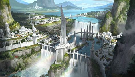 ArtStation - City, Donghee Han Elven City, Fantasy Background, Landscape Concept, Fantasy City, Fantasy Castle, Fantasy Setting, Fantasy Places, Futuristic City, Landscape Scenery