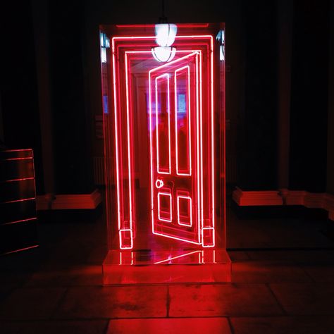 Neon door at Somerset House. Neon Entrance Decor, Neon Light Hallway, Cyberpunk Door Design, Neon Door, Red Neon Painting, Vancouver Apartment, Entrance Ideas, Somerset House, Red Light District