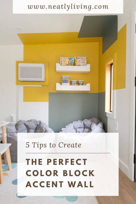 Colour Block Around Window, Color Block Painting Walls Living Room, Paint Blocks On Wall, Asymmetrical Accent Wall Paint, Painting Feature Wall Ideas, Colour Block Wall Painting Ideas, Play Room Painting Ideas, Bedroom Color Blocking, Two Thirds Painted Wall