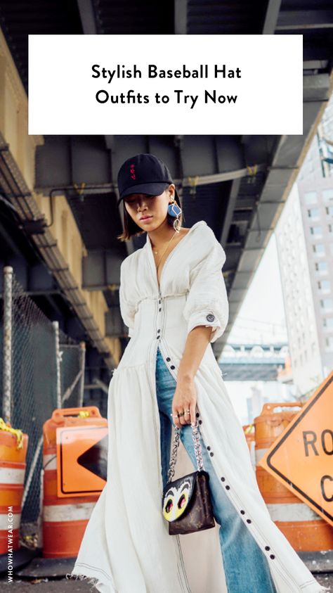 Womens Baseball Hat Outfits, Baseball Cap Outfit Dressy, Baseball Cap Street Style, Baseball Hat And Heels Outfit, Red Ny Cap Outfit, Baseball Hat Outfit Fall, Outfit With Hats For Women, Baseball Hat Outfits For Women, Polo Hat Outfit