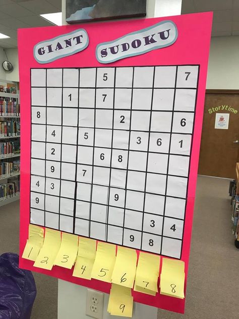 Passive programming: Giant Sudoku board in library teen area Library Passive Programming, Library Passive Programs, Library Programs For Adults, Teen Library Programs, Library Program Ideas, Fun Library Ideas, Fun Library Activities, Passive Activities, Sudoku Board