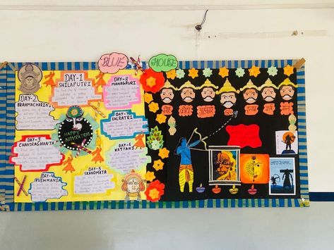 Decoration foe school competition Dussehra Bulletin Board Ideas, Decoration Ideas For Navratri, Diwali Chart, Navratri Decoration, Soft Board Decoration, Ram Navmi, School Kids Crafts, School Board Decoration, Board Decoration