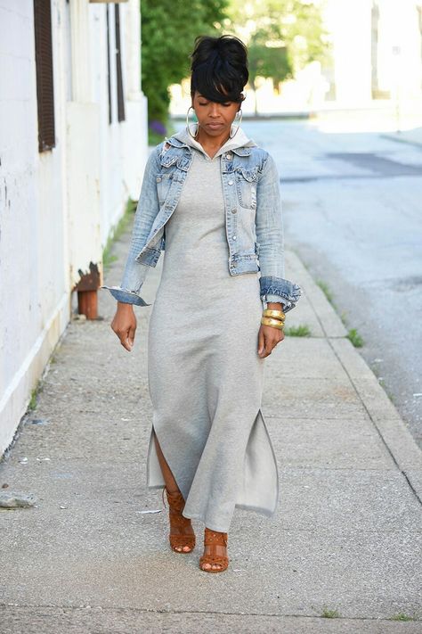 Love Sweenee Style, love this look. Denim Mini Dress Street Styles, Denim Shirt Outfit Dressy, Shirt Dress With Denim Jacket, Marcella Nyc Dress, Sweat Shirt And Jeans Outfit, Fall Dress With Jean Jacket, Jeans Work Outfits Women Summer, Blue Jean Jacket Outfits Winter, Brown Color Combos Outfits