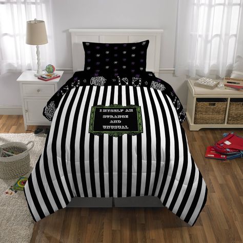 Experience the ultimate in cozy comfort with our Beetlejuice bedding! Let the Beetlejuice magic transport you to a world of fun and spookiness. With this twin bed set, every moment becomes an opportunity for adventure and laughter, where even the ghosts can't resist joining in on the cozy fun. Embrace the whimsy, embrace the weirdness, and make every day a Beetlejuice-worthy escapade! UNDER PENALTY OF LAW THIS TAG NOT TO BE REMOVED EXCEPT BY THE CONSUMER ALL NEW MATERIAL consisting of POLYESTER Pastel Goth Bedding, Beetlejuice Room Ideas, Beetlejuice Bedroom, Goth Apartment Decor, 80s Bed, Beetlejuice Room, Beetlejuice Home Decor, Beetlejuice Party, Black Bed Set