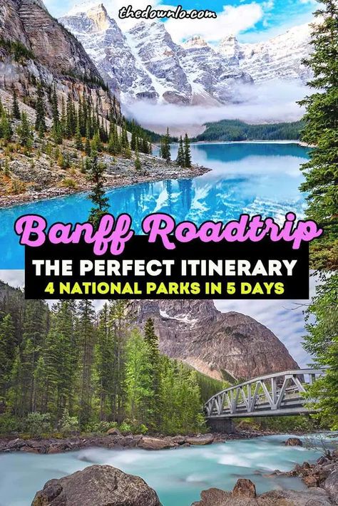 5 Day Banff Itinerary with map: A road trip through the Canadian Rockies for things to do this spring, summer or fall to see waterfalls, lakes, parks, and mountains. Drive from Calgary to Lake Louise, Lake Moraine, Jasper National Park, Johnston Canyon Cave, and of course, Banff National Park for things to do like glacier hiking, landscape photography, camping and hikes. Adventure pictures and photography spots to inspire travel. #roadtrip #canada #banff #travel #alberta #itinerary Vancouver To Banff Road Trip, Banff Itinerary Summer, Banff And Jasper Itinerary, Glacier To Banff Road Trip, Banff Road Trip Canadian Rockies, Canada Vacation, Canadian Road Trip, Alberta Travel, Banff Canada