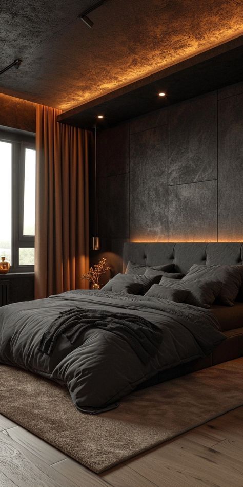 Wooden Wall In Bedroom, Black Room Decor Bedroom Dark, Dark Small Bedroom Ideas, Dark Small Bedroom, Dark Beige Bedroom, Black And Brown House, Black Bedroom Ideas For Men, Dark Brown Bedroom Ideas, Simple Aesthetic Bedroom