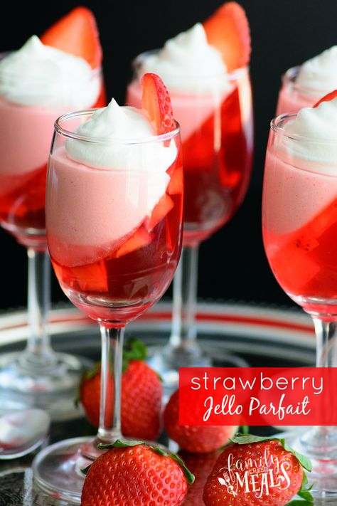 This Strawberry Jello Parfait may look fancy, but it’s actually really simple to make, and makes the perfect Valentine's Day treat! Valentine Jello Desserts, Fancy Valentines Dinner Kids, Valentines Catering Ideas, Valentines Work Party Ideas, Valentine Dinners For Family, Fancy Galentines Party, Valentines Day Party Food Dinner, Valentine's Day Dinner Family, Valentines Dinners For Kids