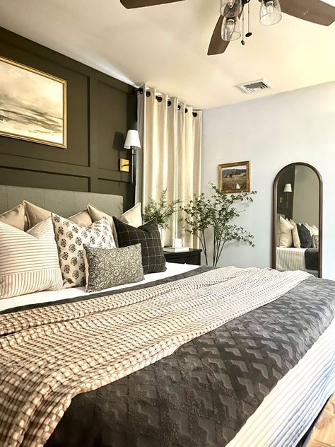 Guest Bedroom Ideas Tan Walls, Mayer Bedroom Ideas, Natural Master Room, Master Bedrooms Decor With Two Windows, Kanwyn Bedroom Ideas, Master Bedrooms Decor Neutral Colors, Master Bedrooms Cool Tone, Olive Green Tan And Black Bedroom, Parents Bedroom Ideas Master Suite