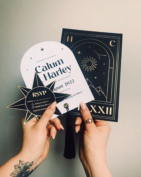 Tarot/Roman Numerals wedding invitations by Mama Inc. Get in touch to enquire ✨ Wedding Invitations Celestial, Tarot Wedding Invitations, Tarot Card Wedding Invitation, Celestial Invitations, Gold Celestial Wedding, Tarot Card Wedding, Unique Invitation Ideas, Tarot Wedding, Dark Wedding Invitations