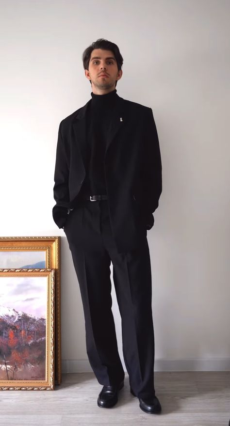 Black Outfits Old Money, All Black Old Money Outfit Men, Old Money Style Men Black, All Black Old Money Outfit, Men Casual Formal Outfit, Suit Combinations Men Color Combos, Jazz Club Outfit Men, All Black Formal Outfit Men, Men’s Interview Outfit