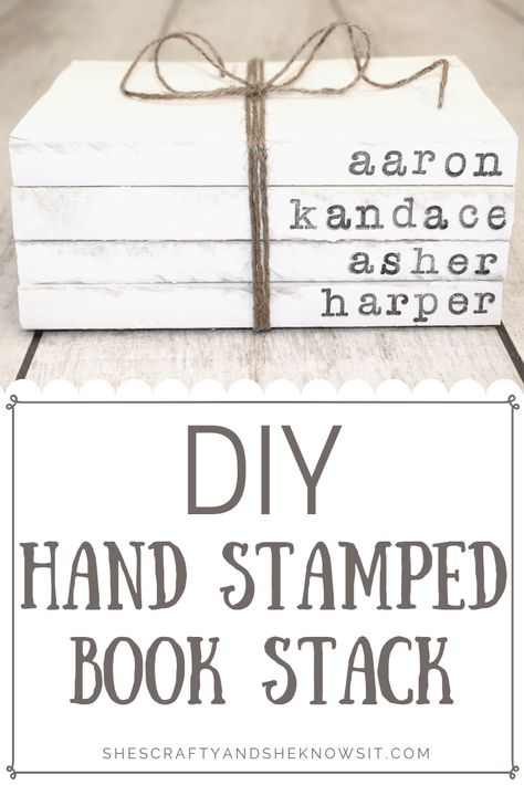 Hey friends! These farmhouse hand stamped book stacks are so easy and cheap to make. Check out the simple DIY tutorial to make your own! Diy Wood Books, Diy Farmhouse Decoration, Farmhouse Books, Farmhouse Crafts, Dekor Diy, Wood Book, Book Stamp, Book Stack, Farmhouse Decoration