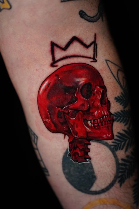 Covered up an existing tattoo under this red skull ! Visit instagram to see the before and after #tattoo #coveruptattoo #tattooideas #skultattoo #inked #tattooart Red Tattoo Cover Up, Red Tattoo Cover Up Ideas, Red Skeleton Tattoo, Big Cover Up Tattoos For Women Arm, Red Cover Up Tattoo, Skull Cover Up Tattoo, Red Skull Tattoo, Before And After Tattoo, Big Cover Up Tattoos