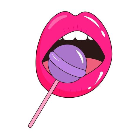 Opened Mouth Drawing, Lollipop In Mouth Drawing, Lips With Lollipop, Lollipop Drawing, Lollipop Art, Opened Mouth, Lollipop Lips, Pink Lips Art, Lollipop Design