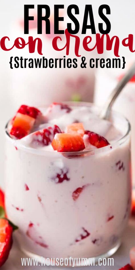 Strawberry Cream Dessert Recipes, Sweet Cream For Fruit, Healthy Strawberries And Cream, Mexican Fruit Dessert, Crema Fresca Recipes, Strawberry Crema Fresca, Strawberry And Cream Drink, Fresas Crema Recipe Mexican Easy, Strawberries Con Crema