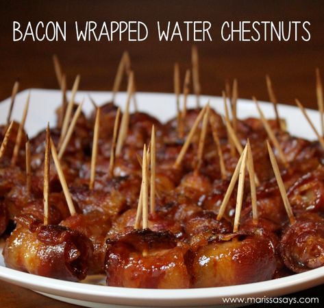 Wrapped Smokies, Bacon Wrapped Water Chestnuts, Smokies Recipe, Bacon Wrapped Smokies, Chestnut Recipes, Bacon Appetizers, Water Chestnuts, Quick Appetizers, Appetizer Bites