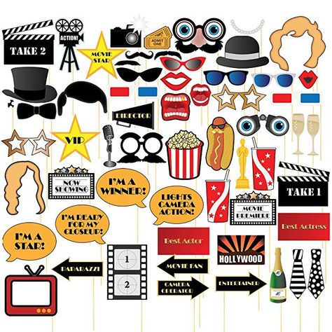 Movie Night Photo-Booth Props – 60-Pack Hollywood Party Selfie Photo Props Accessories, Birthday Party Supplies on Bamboo Sticks, Assorted Designs Birthday Cocktail Party, Party Selfie, Cocktail Party Decor, Party Photo Booth Props, Hollywood Party Theme, Movie Themed Party, Hollywood Theme, Movie Night Party, Hollywood Party