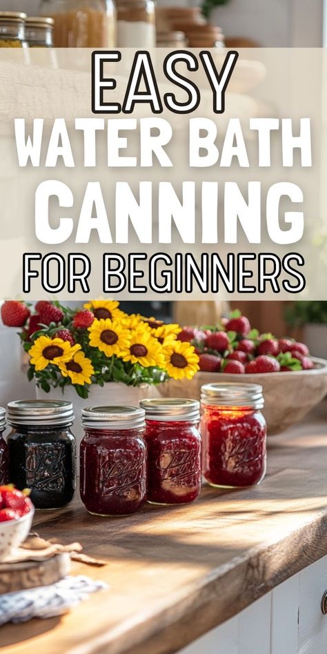 Jars of jam sit on a wooden countertop, surrounded by vibrant sunflowers and fresh strawberries. Text reads: "Easy Water Bath Canning for Beginners." Canning Planner, Canning For Beginners, Hot Water Bath Canning, High Acid Foods, Easy Canning, Canning Process, Low Acid Recipes, Canning Vegetables, Canning Jam