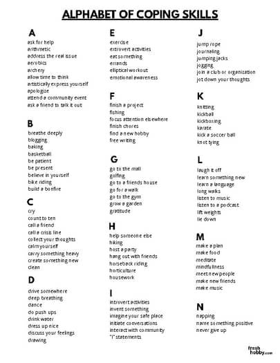 A-Z List of Coping Skills (Activities & Coping Skills for Youth and Adults) 99 Coping Skills List, Coping Skills Tool Box For Adults, Social Work Tattoos, Coping Skills Activity For Teens, Self Care Activities For Kids, List Of Coping Skills, Coping Skills Activity, Coping Skills Worksheet, Coping Skills List