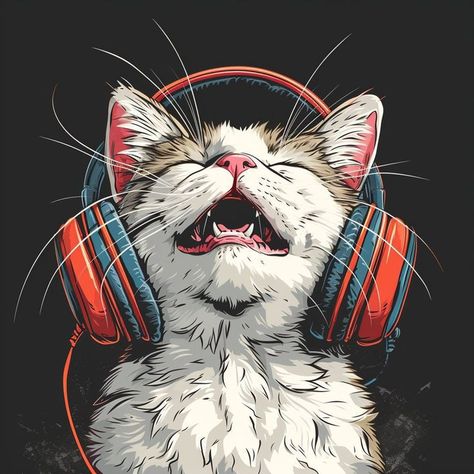 Cat Digital Illustration, Music Illustration Art, Headphone Art, Headphones Clipart, Cat With Headphones, Joyful Art, Headphones Art, Digital Illustration Art, Pop Art Cat