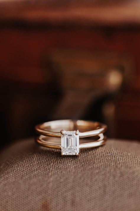 Double Band Engagement Ring With Wedding Band, Double Band Engagement Rings, Double Band Emerald Engagement Ring, Double Band Ring Engagement, Emerald Cut Ring With Wedding Band, Double Band Wedding Ring, Double Band Engagement Ring, Minimalist Wedding Band, Double Band Ring