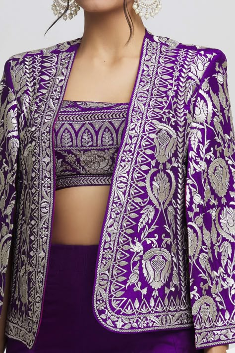 Buy Purple Tussar Woven Floral Jacket Open Sanya Flared Pant Set For Women by Gopi Vaid Online at Aza Fashions. Indian Outfits Modern, Gopi Vaid, Open Jacket, Indian Dresses Traditional, Dress Design Patterns, Sleeves Designs For Dresses, Woven Jacket, Designer Party Wear Dresses, Designer Dresses Casual