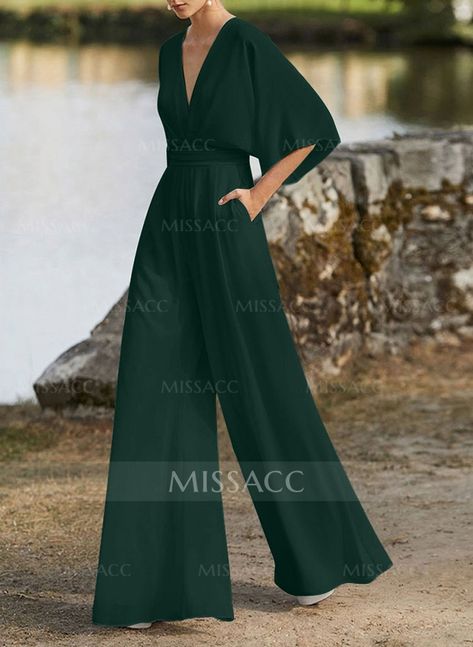 Jumpsuit/Pantsuit V-Neck 1/2 Sleeves Elastic Satin Floor-Length Evening Dresses Green Color Chart, Coral Blush, Evening Dresses Online, Evening Dress Floor Length, Groom Dresses, Black Hot Pink, Peacock Green, Groom Dress, Mother Of The Groom