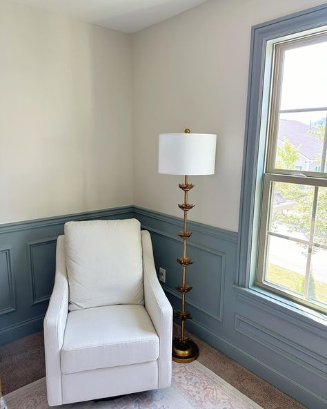 Making babies classy one room at a time ���👌🏼 #franklinmillwork #kidsroom #interiors #nursery #nashvillecontractor #nashvilledesign Chair Rail In Nursery, Nursery Millwork, Molding In Nursery, Chair Rail Nursery, Blue Chair Rail, Bedroom With Chair Rail, Chair Rail Bedroom, Light Blue Chair, Chair Rail Molding