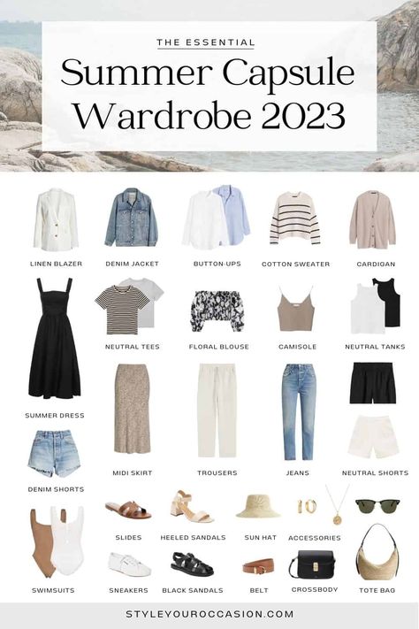 Looking for the perfect summer capsule wardrobe 2023? Here it is! This chic, minimal, neutral capsule wardrobe includes a full checklist and pieces to create the most effortless and stylish outfits for pretty much everyone - mom, over 40, plus size, etc. If you work from home or in a casual office setting this capsule is great for you too! Neutral Outfit Capsule, Plus Size Outfits Capsule Wardrobe, Chic Mom Capsule Wardrobe, June Capsule Wardrobe, Capsule Wardrobe 2023 Florida, Casual Stylish Outfits 2023, Mid Size Capsule Wardrobe Summer 2023, Capsule Wardrobe For Blondes, Linen Pants Capsule Wardrobe