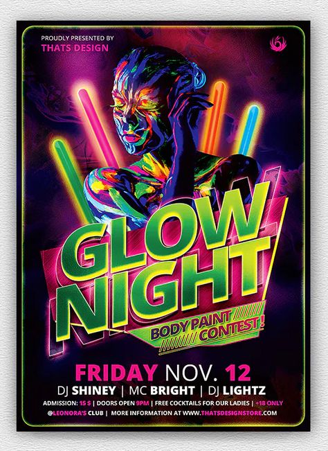 Glow Night Flyer Template PSD Party Flyer Backgrounds, Party Flyer Ideas, House Party Flyer, Pool Parties Flyer, Carnival Background, Glow Stick Party, Glow Night, Store Flyers, Flyer Free