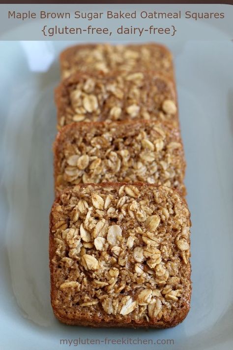 Gluten-free and dairy-free Maple Brown Sugar Baked Oatmeal Squares. Great mid-morning snack for the kids at school or for adults at work! AD Brown Sugar Baked Oatmeal, Baked Oatmeal Squares, Blw Recipes, Oatmeal Squares, Gluten Free Bagels, Maple Brown, Gluten Free Oatmeal, Breakfast Casseroles, Healthier Choices