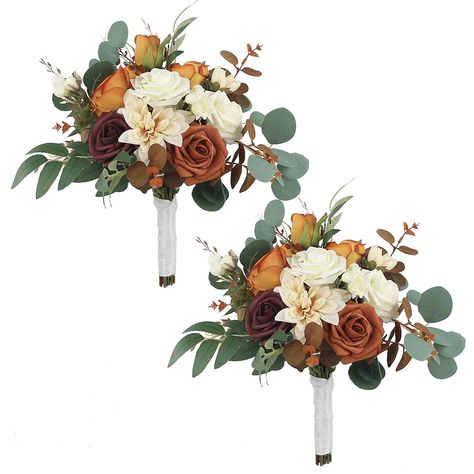 PRICES MAY VARY. This artificial flowers bouquet is the perfect accessory for fall weddings. Its terracotta, cream, burgundy, and grey-green color scheme perfectly complements the autumnal hues that are often seen during this season. Adds a touch of warmth and depth to your fall wedding: With its warm and rich colors, this bouquet adds a touch of warmth and depth to any fall wedding. It's a perfect way to incorporate the natural beauty of the season into your wedding decor. A keepsake to remembe Small Bridesmaid Bouquet Terracotta, October Bride Bouquet, Fall Bridesmaid Bouquet Rustic, Fall Weddings Bridesmaids, Autumn Bridesmaid Bouquet, Simple Fall Bridal Bouquet, Fall Flower Bouquets Wedding, Fall Bouquet Wedding October, Fall Mountain Wedding Decor