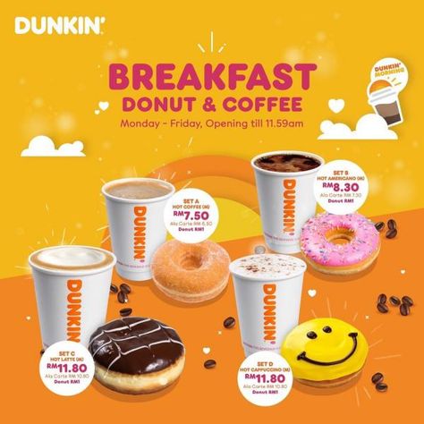 Dunkin' Breakfast Donut & Coffee Promotion Dunkin Breakfast, Korean Branding, Coffee Promotion, Donut Poster, Donut Artwork, Banner Branding, Dunkin Donut, Donut Coffee, Breakfast Donuts