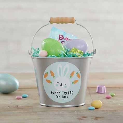 Bunny Treats Personalized Mini Treat Bucket - Silver Beer Buckets, Personalized Easter Bucket, Bunny Character, Easter Bunny Treats, Treat Bucket, Coloring For Boys, Easter Buckets, Personalized Easter Gifts, Bunny Treats