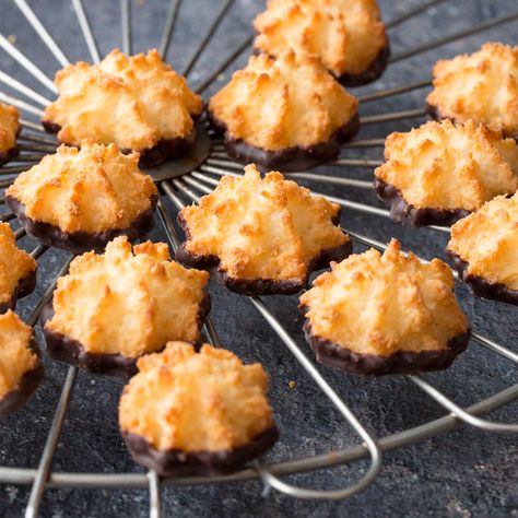 Check out Coconut Macaroons Dipped in Chocolate recipe and more from Sur La Table! Coconut Flakes Recipe, Macaroon Recipe, Drop Cookie, Soft Cookie Recipe, Drop Cookie Recipes, Coconut Macaroons Recipe, Mothers Day Desserts, Filipino Dessert, Dipped In Chocolate