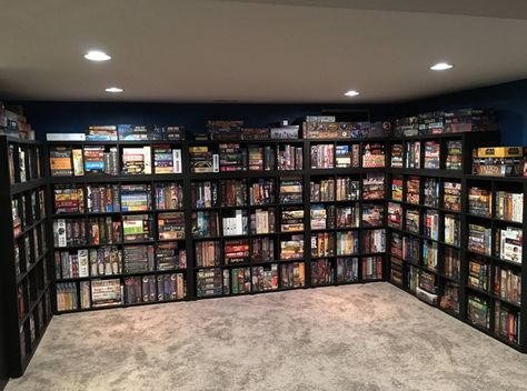 Game Library Room, Board Game Room Design, Boardgame Storage, Board Game Shelf, Gamer Room Diy, Color Walls, Board Game Room, Board Game Cafe, Nerd Room