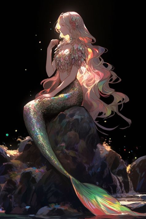 Mermaids On Rocks, Female Mermaid Art, Siren Oc Art Female, Mermaid Oc Girl, Jiaoren Mermaid, Mermaid Queen Art, Siren Concept Art, Merfolk Character Design, Anime Mermaid Female